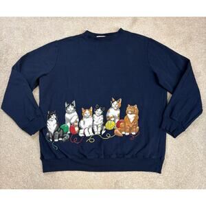 Blair Vintage Cat Yarn Navy Blue Graphic Crewneck Sweatshirt Size L